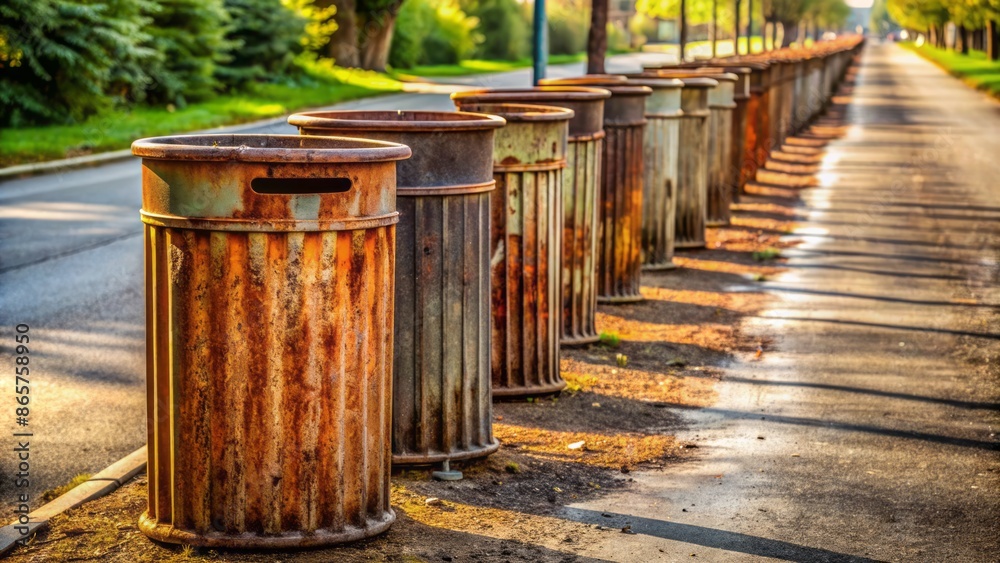 A neglected urban landscape featuring a row of rusty metal trash cans lined up against a worn asphalt road. A neglected urban landscape featuring a row of rusty metal trash cans lined up against a worn asphalt road.