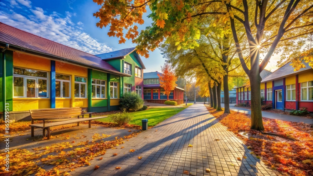 Fototapeta premium A serene morning atmosphere with a kindergarten's brightly colored exterior, empty sidewalks, and a few fallen leaves scattered around.