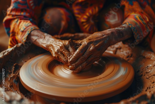 Female potter shaping clay into pot on spinning wheel.