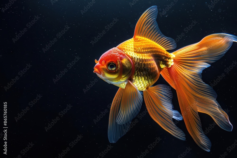 majestic goldfish ornate rayfinned goldfish with flowing fins and tail shimmering scales graceful movement underwater tranquility majestic goldfish ornate rayfinned goldfish with flowing fins and tail shimmering scales graceful movement underwater tranquility
