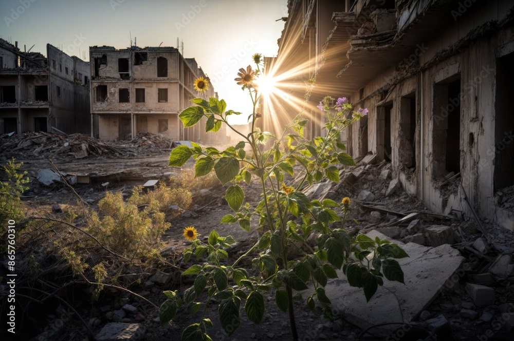 Obraz premium Sunrise shining through flowers in abandoned urban ruins