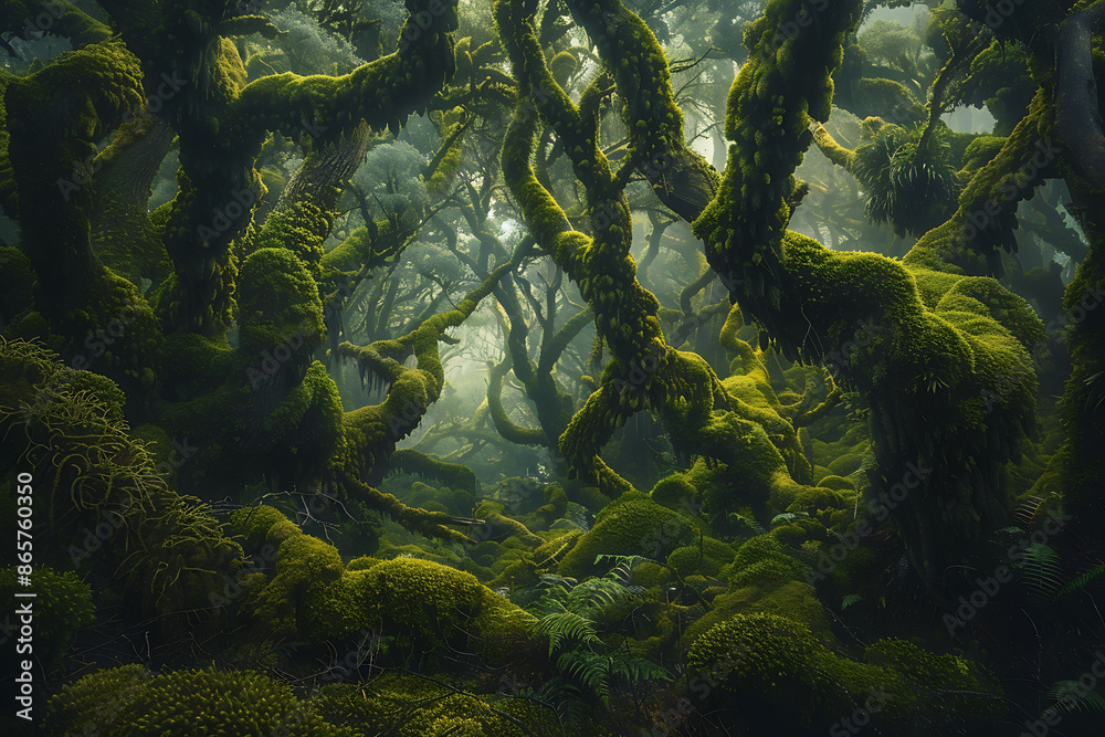 Fototapeta premium Mystical landscape of the Goblin Forest in New Zealand featuring twisted mosscovered trees