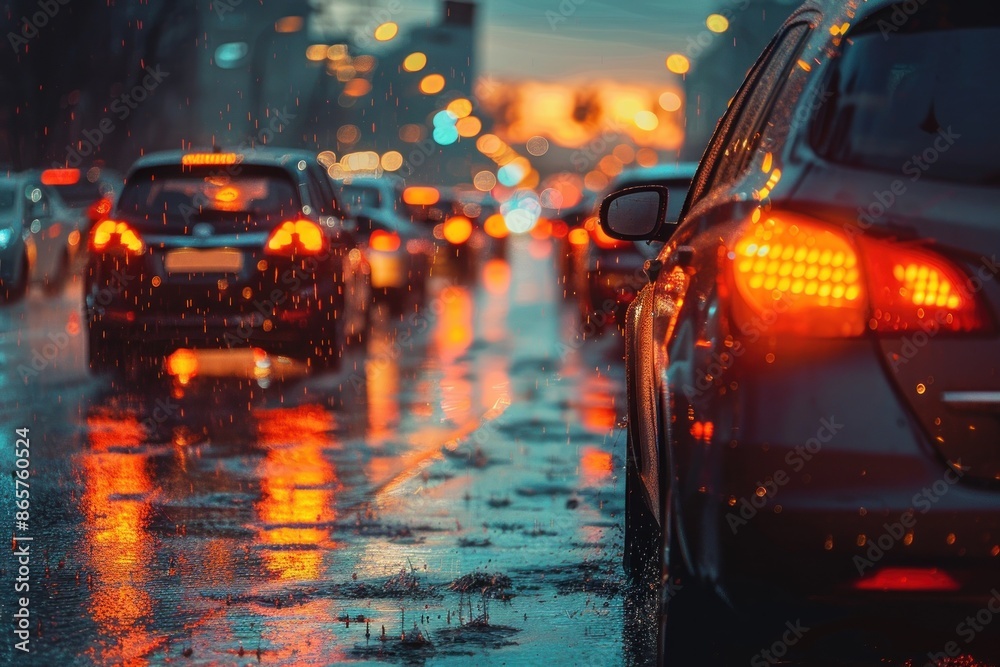 A busy street with cars driving in the rain. A busy street with cars driving in the rain.