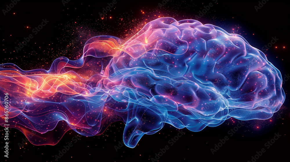 Obraz premium Abstract illustration of a brain with colorful flowing patterns and glowing particles against a dark background