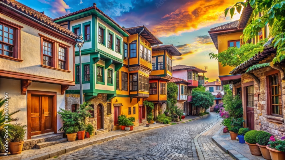 Fototapeta premium Vibrant colorful buildings with ornate facades and cobblestone streets evoke ancient charm in this serene Kaleici historic city center scene.