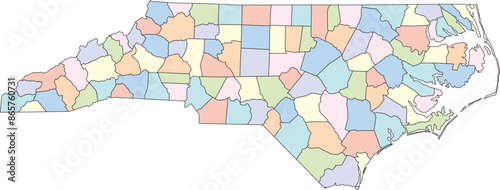 Editable vector file of the counties that make up the state of North Carolina, located in the United States.