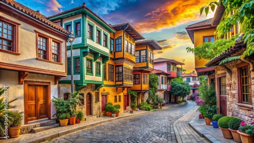 Vibrant colorful buildings with ornate facades and cobblestone streets evoke ancient charm in this serene Kaleici historic city center scene. © Wanlop