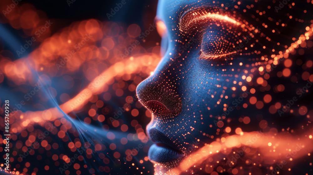 Abstract profile of a human face with glowing particles and digital effects creating a futuristic and serene atmosphere Abstract profile of a human face with glowing particles and digital effects creating a futuristic and serene atmosphere