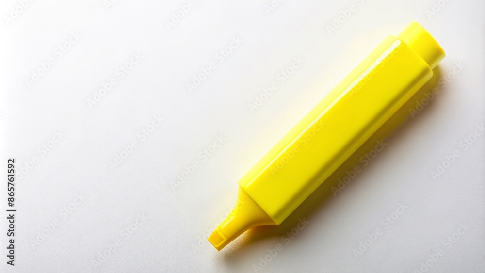 Bright yellow highlighter marker placed diagonally across a clean white background, surrounded by empty space, on a modern template design. Bright yellow highlighter marker placed diagonally across a clean white background, surrounded by empty space, on a modern template design.