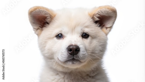 Adorable fluffy white Akita Inu puppy isolated on transparent background with curious expression and floppy ears.