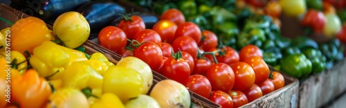 Assortment of bell peppers and tomatoes at a market