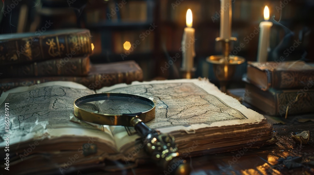 mystical library scene with ancient tome under ornate magnifying glass flickering candlelight illuminates faded map and leatherbound books in shadowy alcove mystical library scene with ancient tome under ornate magnifying glass flickering candlelight illuminates faded map and leatherbound books in shadowy alcove