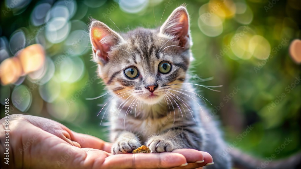 Adorable little grey kitten with bright curious eyes and tiny nose, gently takes food from outstretched tiny hand. Adorable little grey kitten with bright curious eyes and tiny nose, gently takes food from outstretched tiny hand.