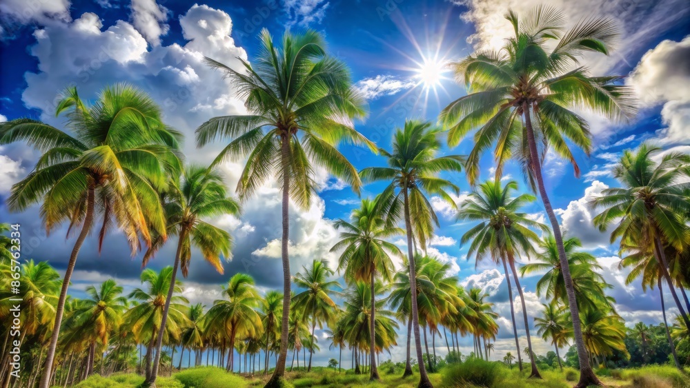 Serene and idyllic tropical landscape with swaying palm trees set against a backdrop of fluffy white clouds and clear blue sky. Serene and idyllic tropical landscape with swaying palm trees set against a backdrop of fluffy white clouds and clear blue sky.