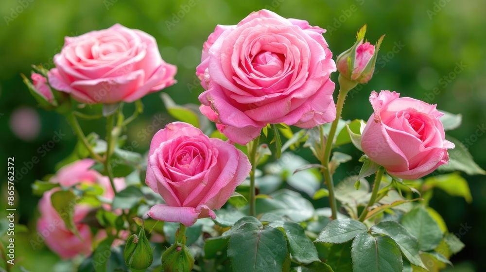 Pink roses fully blooming with green leaves and prickly branches in the background Pink roses fully blooming with green leaves and prickly branches in the background