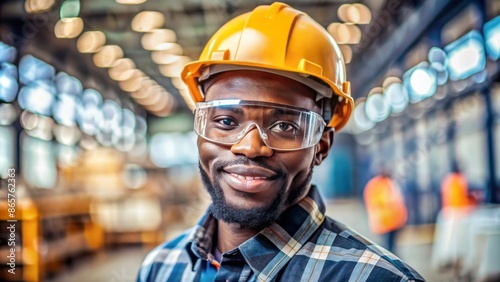 Confident young black worker wearing a helmet and safety glasses, exuding professionalism and prioritizing workplace safety.