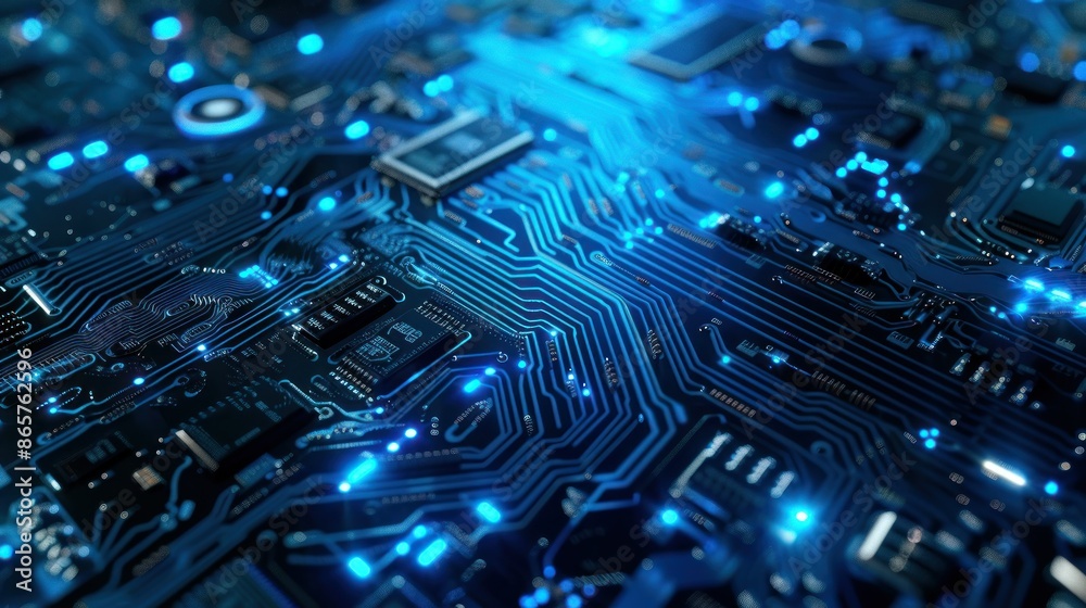 Close-up of a circuit board with glowing blue lights, representing technology and innovation.