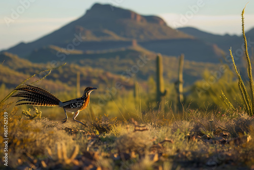 Stark beauty of Sonoran Desert Arizona towering saguaro cactus rugged mountain vista photographed sunrise photo