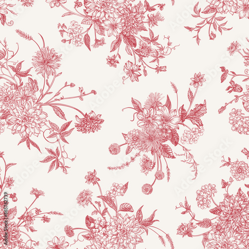 Seamless floral pattern with dahlias and other plants. Vector botanical illustration. Red color. Vintage style.