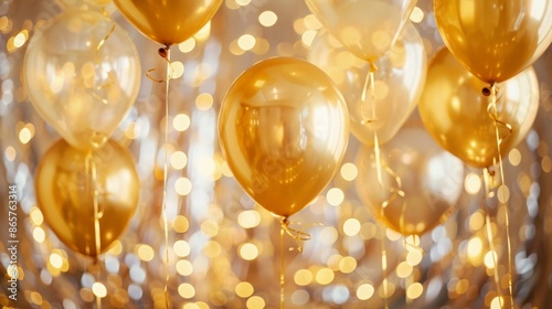 Festive gold balloons and streamers at a celebration party