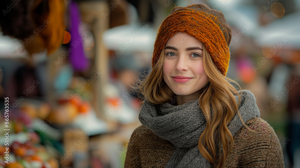 Smiling Woman in Cozy Winter Attire at a Market
Smiling Woman in Cozy Winter Attire at a Market