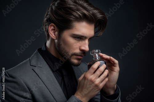Man in suit holding perfume bottle