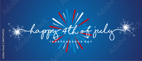 Happy 4th of July handwritten typography text. American Independence day with blue white red firework on blue background