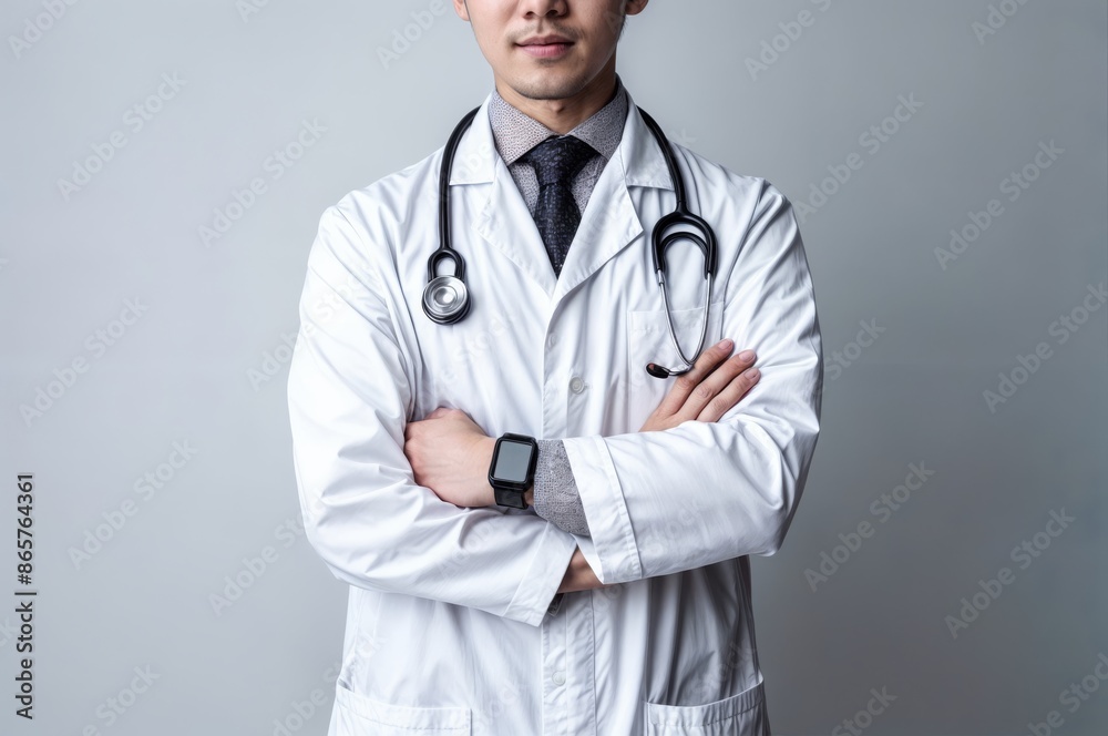 Doctor in white coat with stethoscope and folded arms standing against plain background Doctor in white coat with stethoscope and folded arms standing against plain background