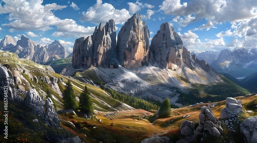 Captivating landscape of the Dolomites in Italy with jagged peaks and alpine meadows captured in stunning detail 