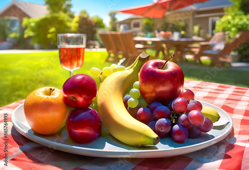 Healthy fresh fruit on a plate set with wine on picnic table outdoors in sunny back yard