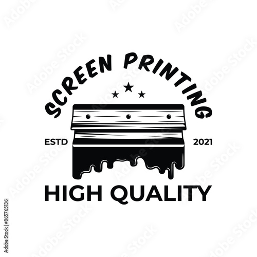 Vintage logo monochrome screen printing template with paint splashes isolated vector illustration