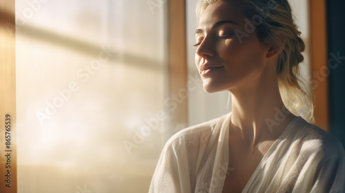 beautiful middle age woman is waking up in the morning , sun light came in thru window, doing meditation and enjoy the fresh moment 