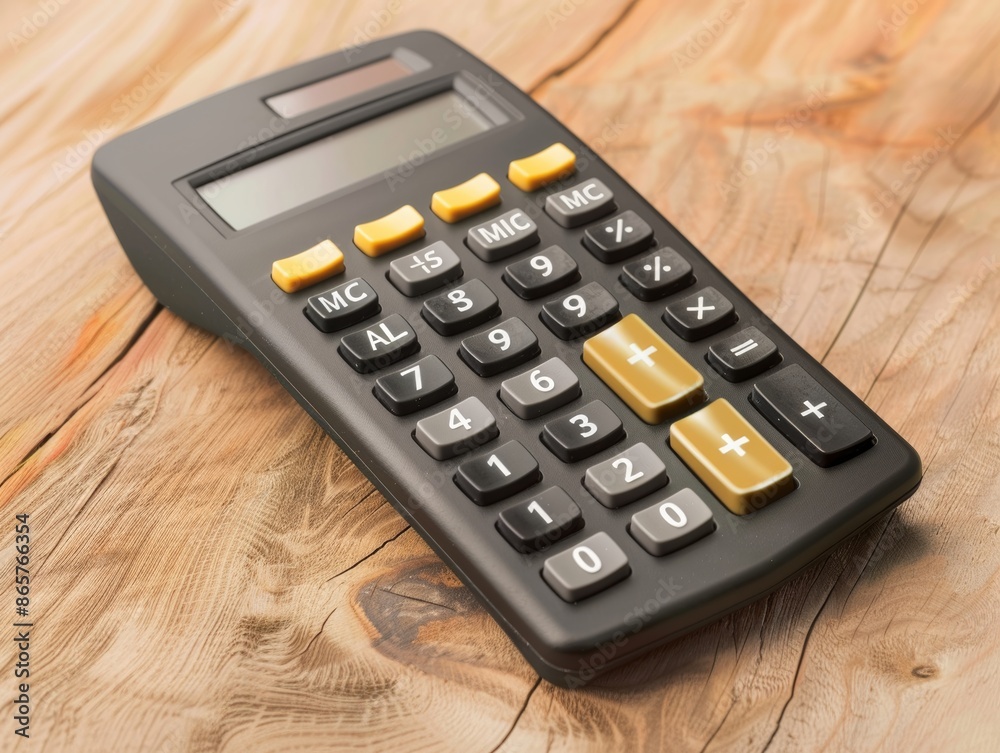 A black calculator with a gold dollar sign on wood desk - ai A black calculator with a gold dollar sign on wood desk - ai