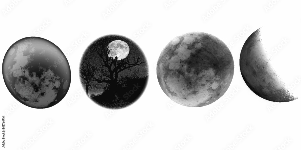Detailed Moon Isolated on Transparent Background, Crescent moon set, various moon collection on transparent background. small set of dark cloth fabric sticker isolated on white. Detailed Moon Isolated on Transparent Background, Crescent moon set, various moon collection on transparent background. small set of dark cloth fabric sticker isolated on white.
