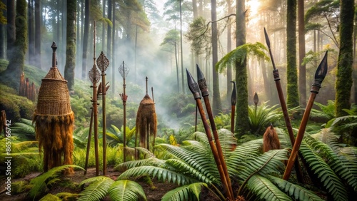 Dense forest landscape with abandoned traditional Maori hunting gear, including spears and taiaha, amidst ferns and mist, evoking ancient tribal presence. photo