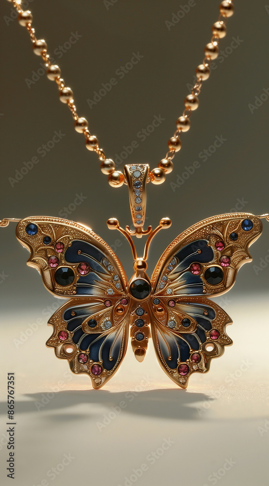 Necklace with a Gold Butterfly Pendant with Blue and Pink Gems Necklace with a Gold Butterfly Pendant with Blue and Pink Gems
