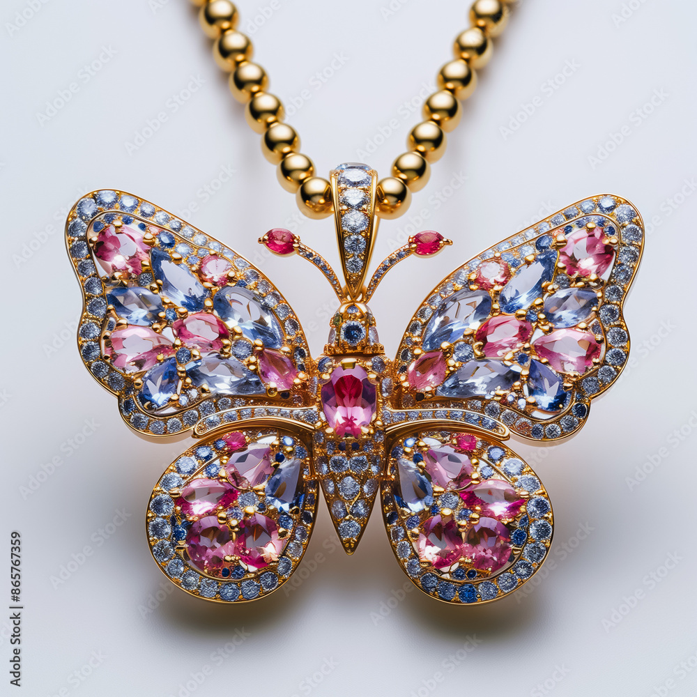 A necklace with a gold butterfly pendant adorned with blue and pink gemstones.