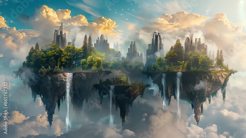 A fantasy landscape with floating islands, waterfalls and a glimpse of a city in the clouds. © Pixel