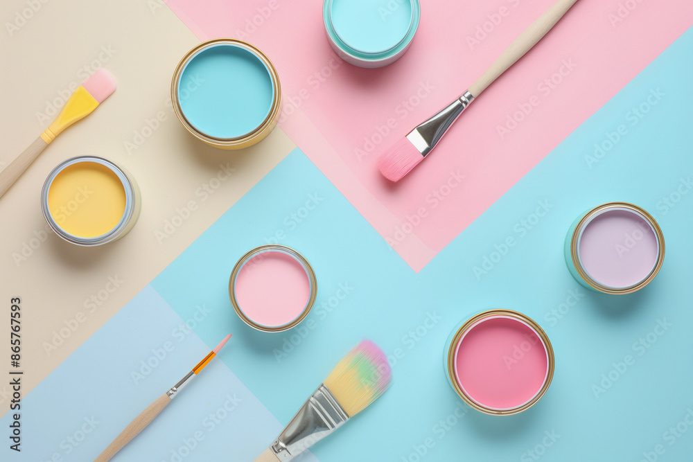 Colorful Pastel Painting Background with Paint Cans and Brushes Colorful Pastel Painting Background with Paint Cans and Brushes