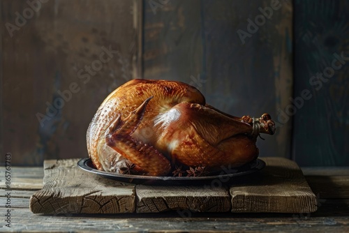 Festive turkey on rustic table for Christmas or Thanksgiving.