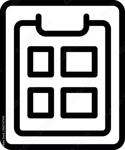 Line drawing of a clipboard displaying four blank square picture frames
