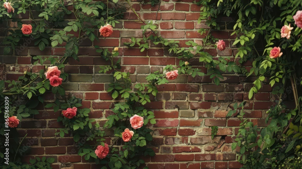 rustic brick wall adorned with climbing roses lush greenery secret garden ambiance soft natural lighting rustic brick wall adorned with climbing roses lush greenery secret garden ambiance soft natural lighting