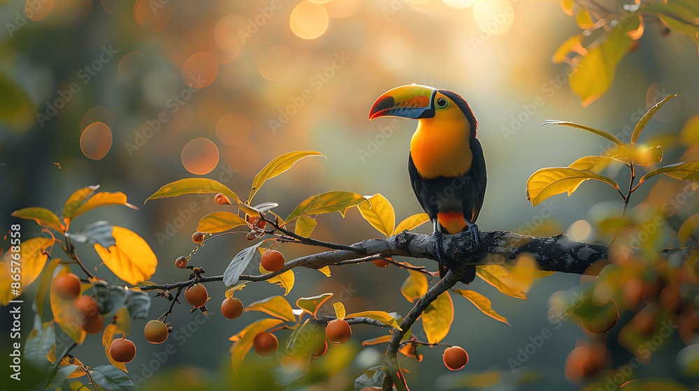 Fototapeta premium Tropical forest a toucan perched on a branch using Olympus MZuiko Digital ED 300mm f4 IS PRO applying a polarizing filter for vibrant colors