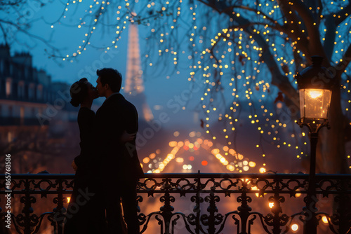 Fototapeta Naklejka Na Ścianę i Meble -  couple are dating  kissing , walking along Paris romantic street  je ne sais quoi. The way the light hits the Seine  sun rises  the way the streets glisten when it rains; sky turns pink before sunset