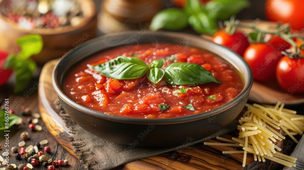 rustic wooden board with simmering tomato sauce fresh basil leaves and pasta ingredients rich red hues and aromatic steam create appetizing scene rustic wooden board with simmering tomato sauce fresh basil leaves and pasta ingredients rich red hues and aromatic steam create appetizing scene