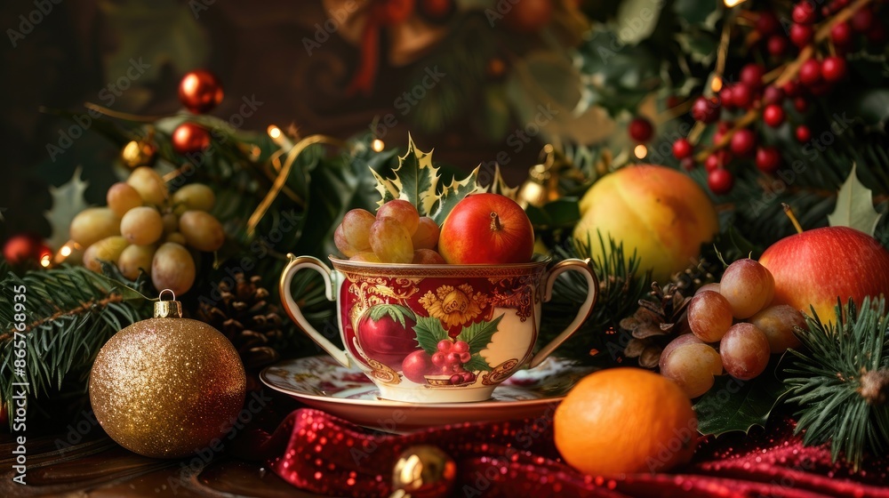 Christmas themed retro still life with cup and fruits Christmas themed retro still life with cup and fruits