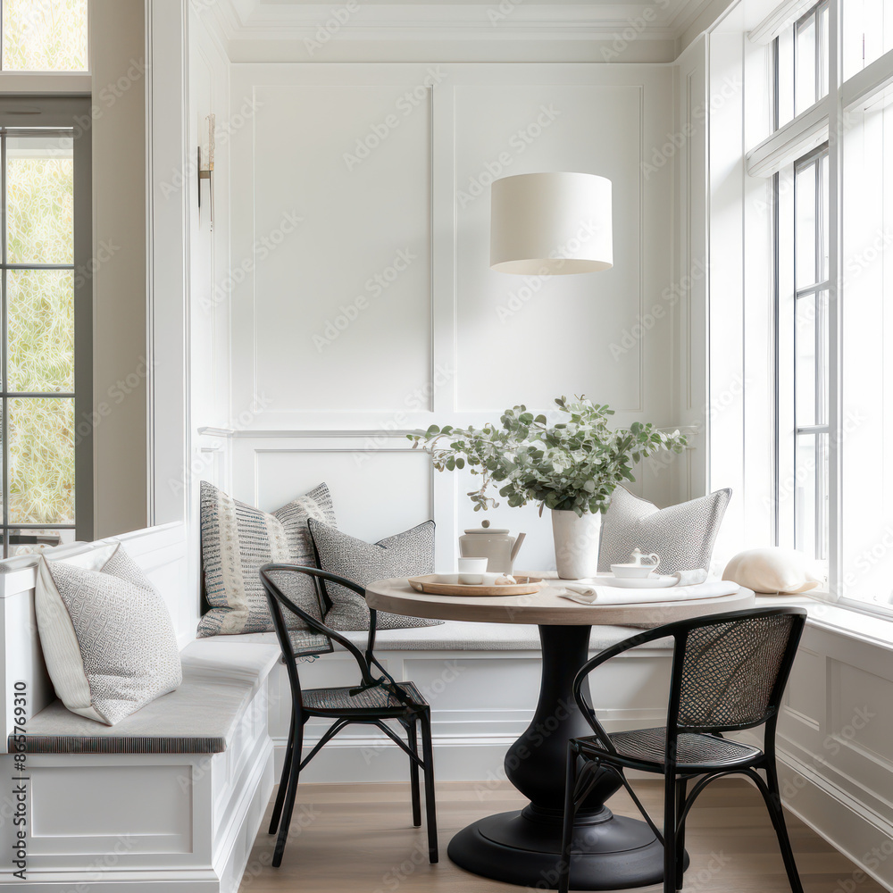 Fototapeta premium white color theme breakfast nook seating table seating farmhouse style by bay window
