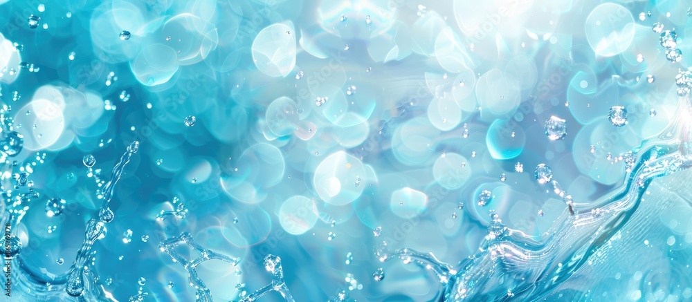 Abstract nature background of transparent blue water with ripples, splashes, and bubbles under sunlight, resembling cosmetic moisturizer products in a top-down view with blank space.