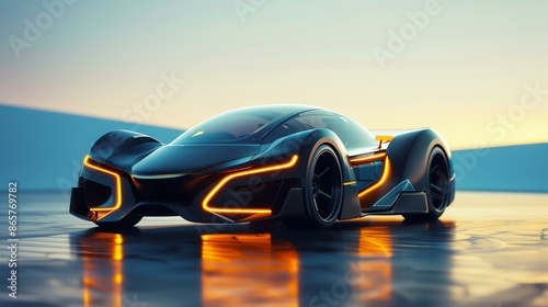 The sleek black sports car is a vision of the future. With its aerodynamic design and glowing orange headlights, it looks like it's ready to race. photo