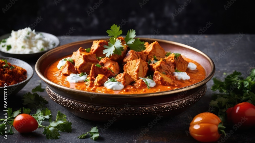 Fototapeta premium Essence of Indian Flavors, Chicken Tikka Masala with Cilantro Garnish and Yogurt Topping